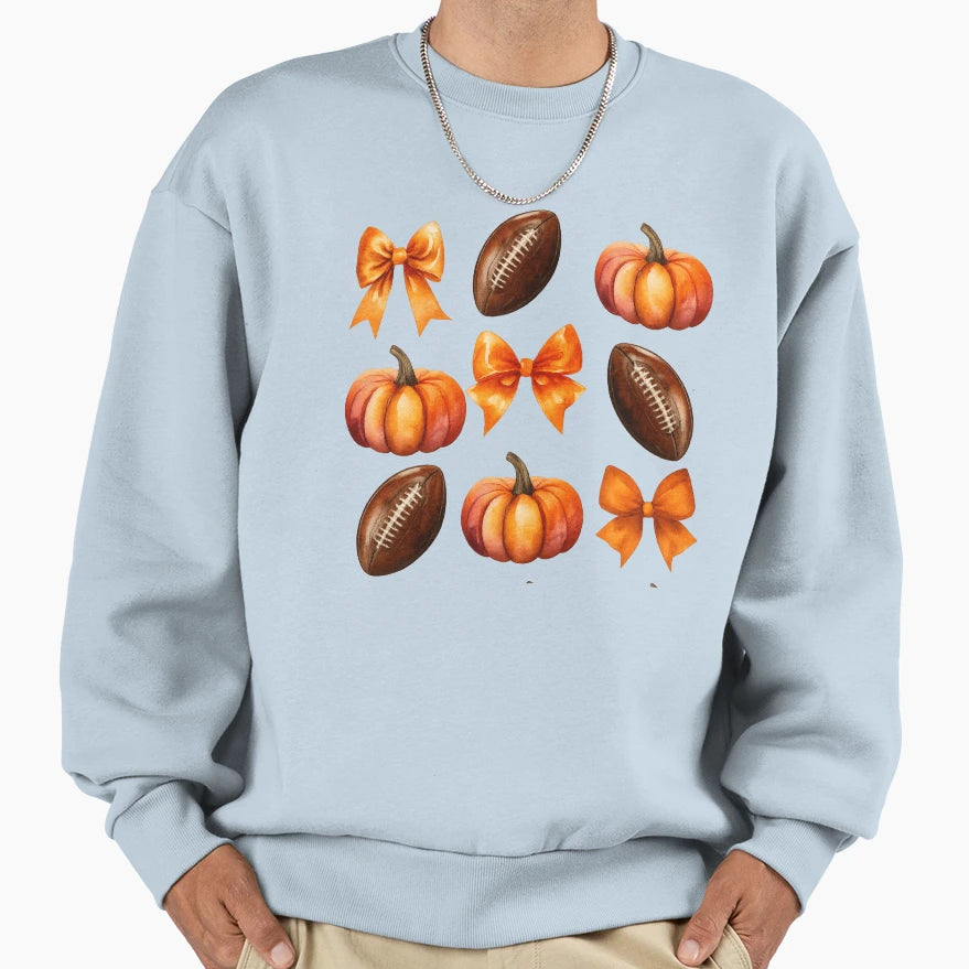 Pumpkins Bows And Footballs Fall Sweatshirt - Graphic Print Men Women - T-Shirt, Sweatshirt, Hoodie