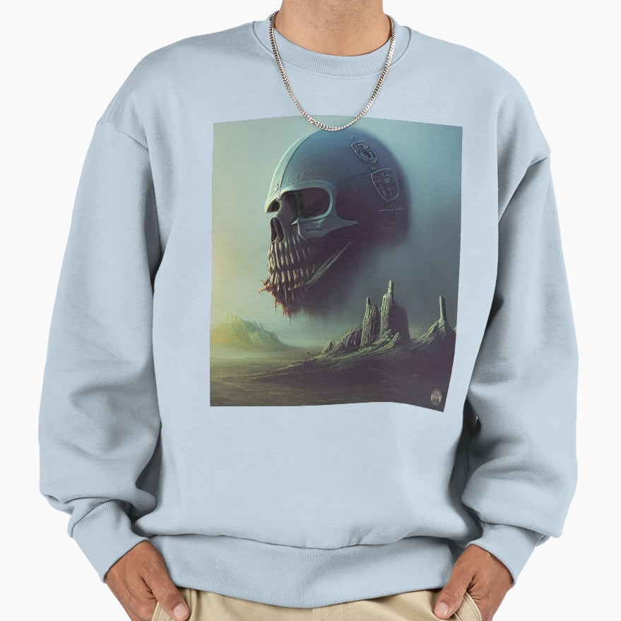 Skull Over Ancient Ruins Sweatshirt - Trendy Graphic Unisex - T-Shirt, Sweatshirt, Hoodie
