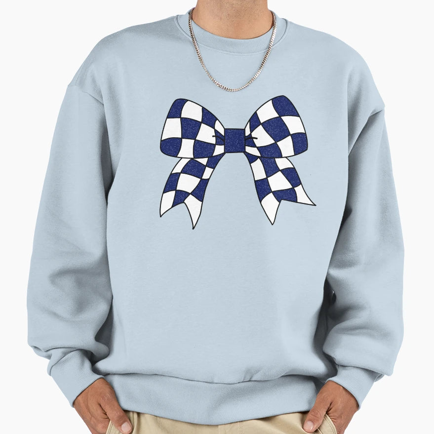 Royal Blue Checkered Bow Sweatshirt - Novelty Apparel for Adults - T-Shirt, Sweatshirt, Hoodie