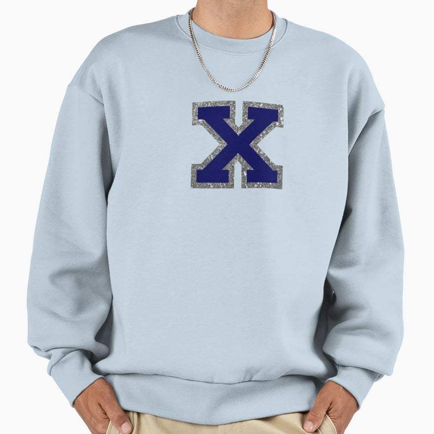 Silver And Navy Varsity Letter X Sweatshirt - Trendy Graphic Men Women - T-Shirt, Sweatshirt, Hoodie