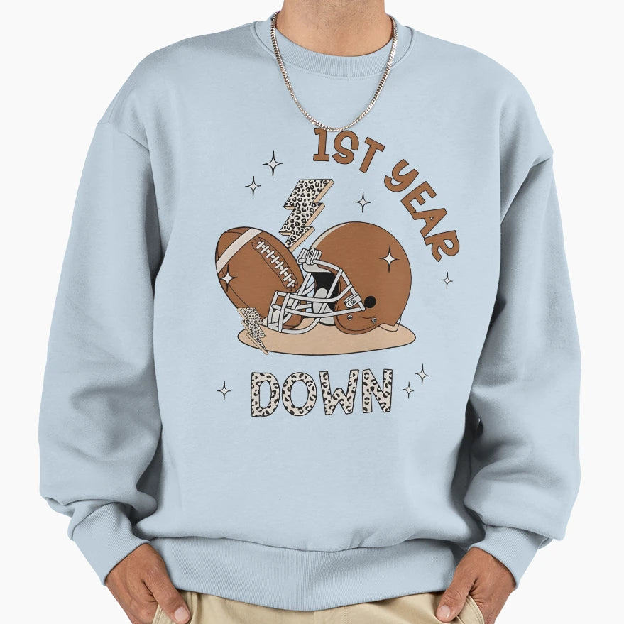 1St Year Down Football Themed Milestone Sweatshirt - Unique Graphic Unisex - T-Shirt, Sweatshirt, Hoodie