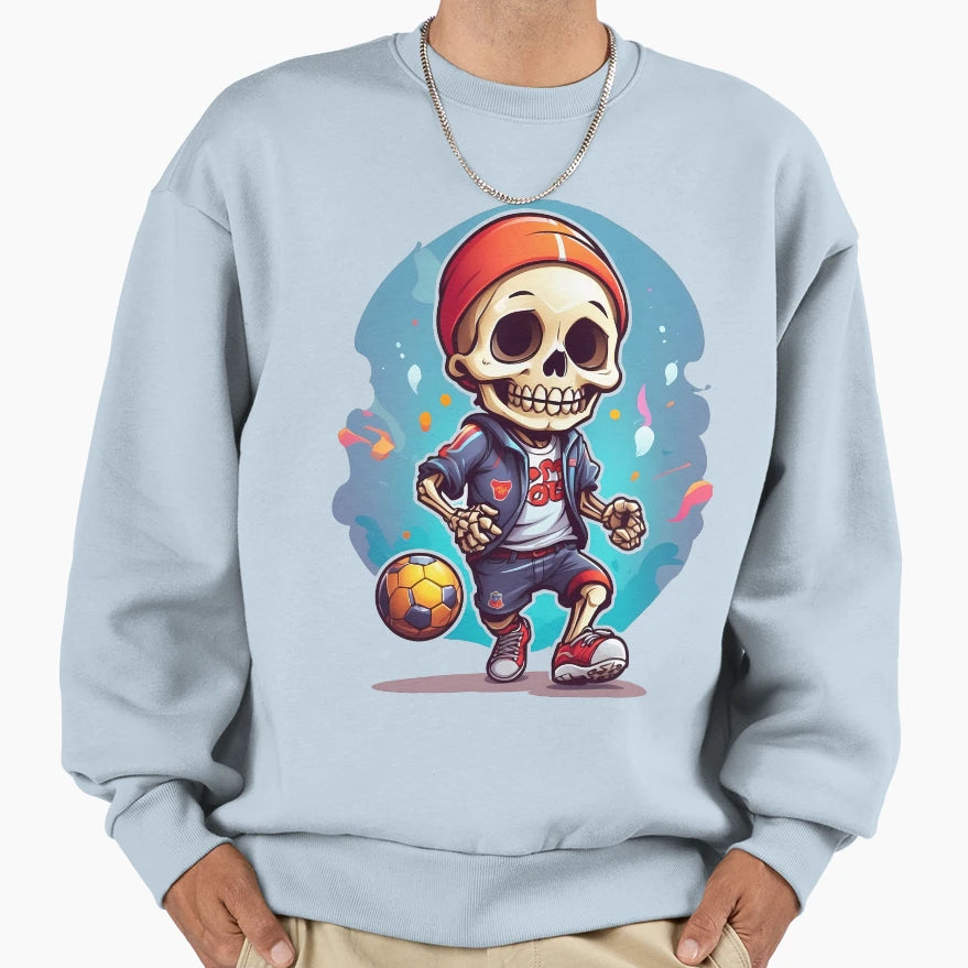 Cartoon Skull Playing Soccer Sweatshirt - Streetwear Style for Adults - T-Shirt, Sweatshirt, Hoodie