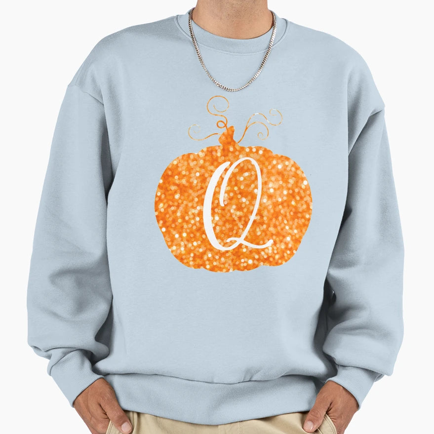 Letter Q Names Pumpkin Monogram Glitter Sweatshirt - Trendy Graphic Unisex - T-Shirt, Sweatshirt, Hoodie
