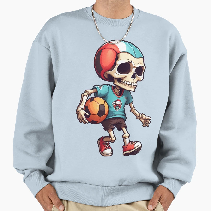 Cartoon Skull Playing Soccer Sweatshirt - Casual Everyday Wear Men Women - T-Shirt, Sweatshirt, Hoodie