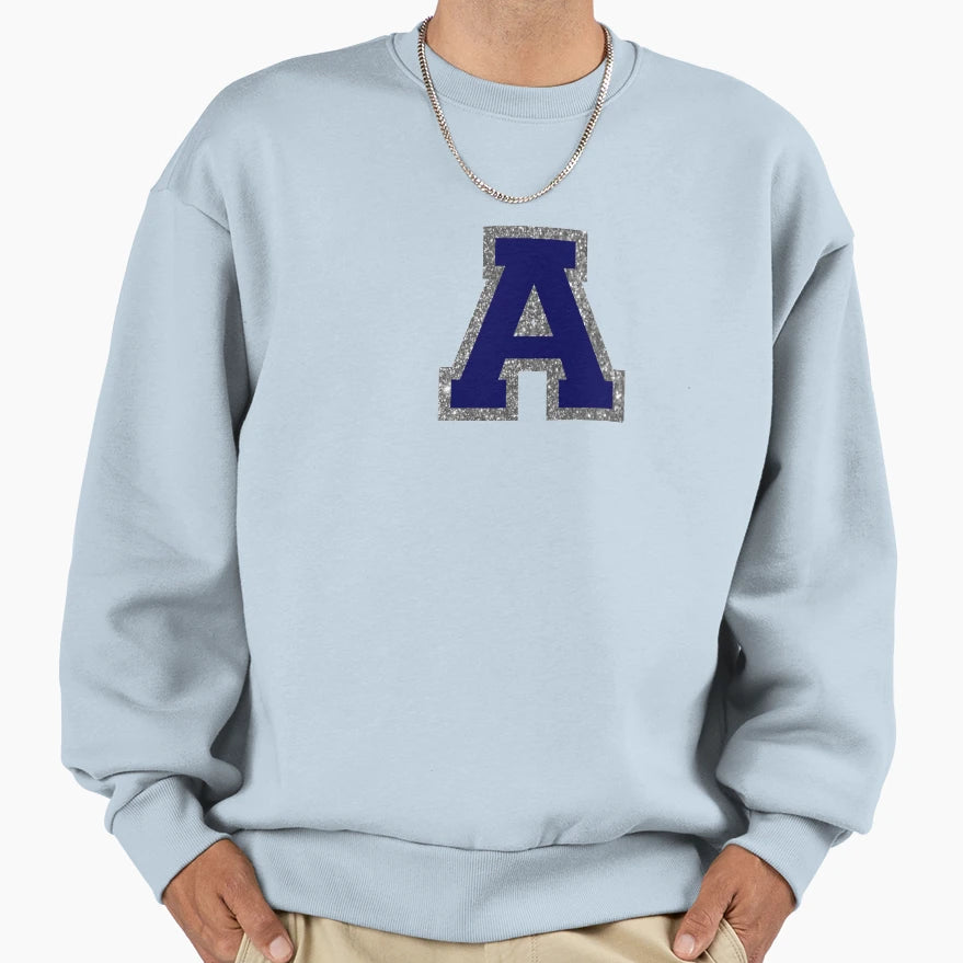 Silver And Navy Varsity Letter Sweatshirt - Novelty Apparel for Adults - T-Shirt, Sweatshirt, Hoodie