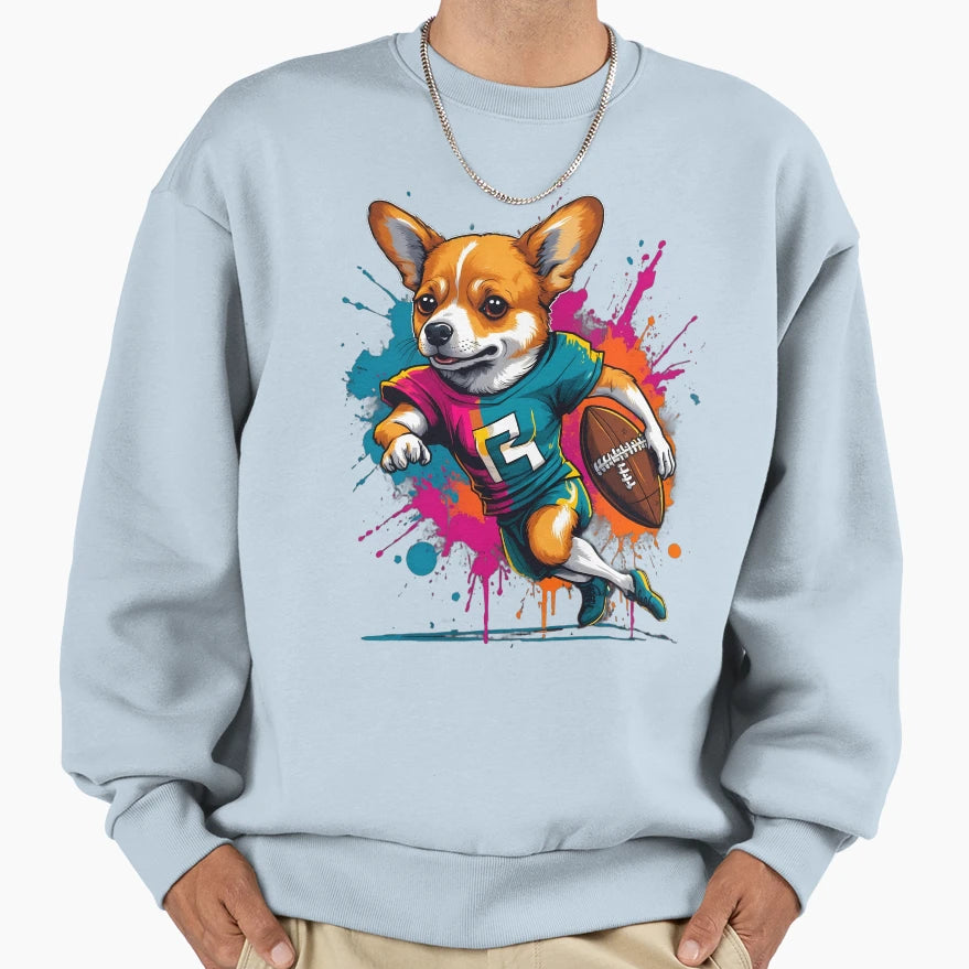 Corgi Dog Playing American Football Sweatshirt - Novelty Apparel for Adults - T-Shirt, Sweatshirt, Hoodie