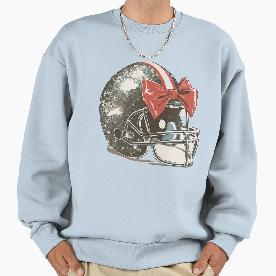 Sparkling Football Helmet Red Bow Sweatshirt - Graphic Print for Adults - T-Shirt, Sweatshirt, Hoodie