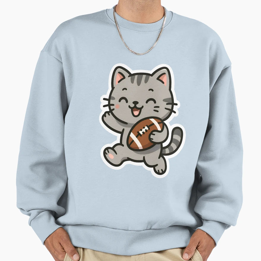 Kawaii Cat Playing Football Sweatshirt - Trendy Graphic for Adults - T-Shirt, Sweatshirt, Hoodie