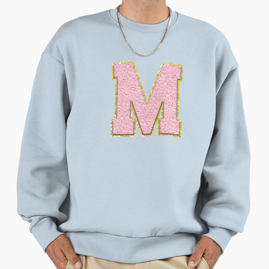 M Preppy Varsity Letter Patch Sweatshirt - Unique Graphic for Adults - T-Shirt, Sweatshirt, Hoodie