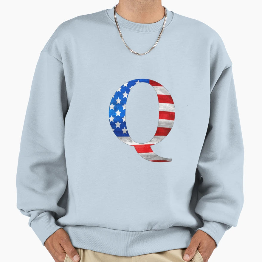 Us Usa America Flag Capital Letter Q Sweatshirt - Graphic Print Men Women - T-Shirt, Sweatshirt, Hoodie