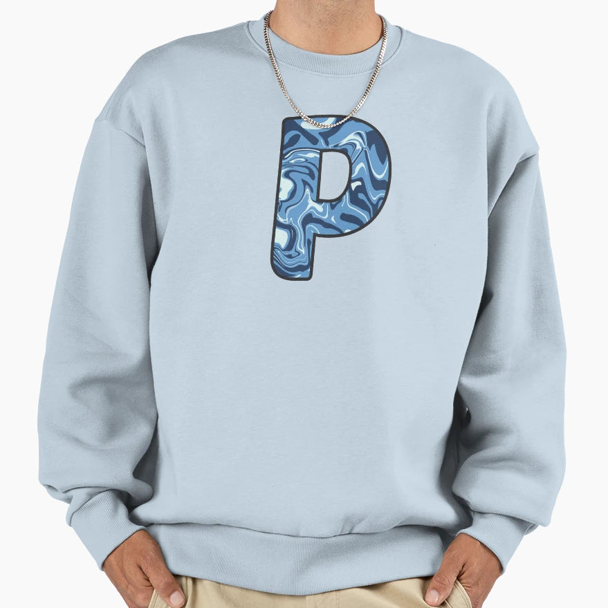 P Blue Marble Alphabet Letter Sweatshirt - Aesthetic Graphic Men Women - T-Shirt, Sweatshirt, Hoodie