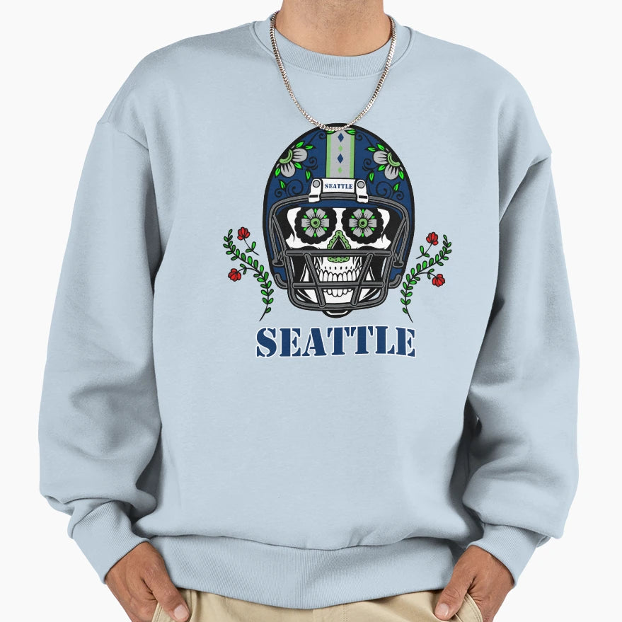 Seattle Football Helmet Sugar Skull Sweatshirt - Streetwear Style Unisex - T-Shirt, Sweatshirt, Hoodie