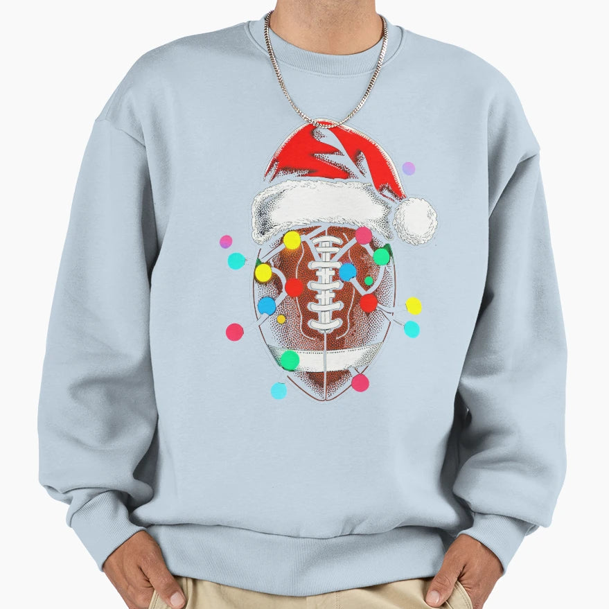 Santa Hat Merry Football Red Lights Sweatshirt - Unique Graphic for Adults - T-Shirt, Sweatshirt, Hoodie
