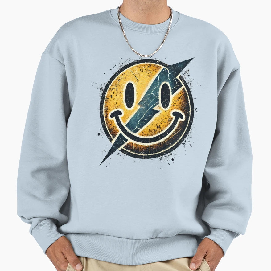 Lightning Bolt Smiley Distressed Sweatshirt - Streetwear Style for Adults - T-Shirt, Sweatshirt, Hoodie