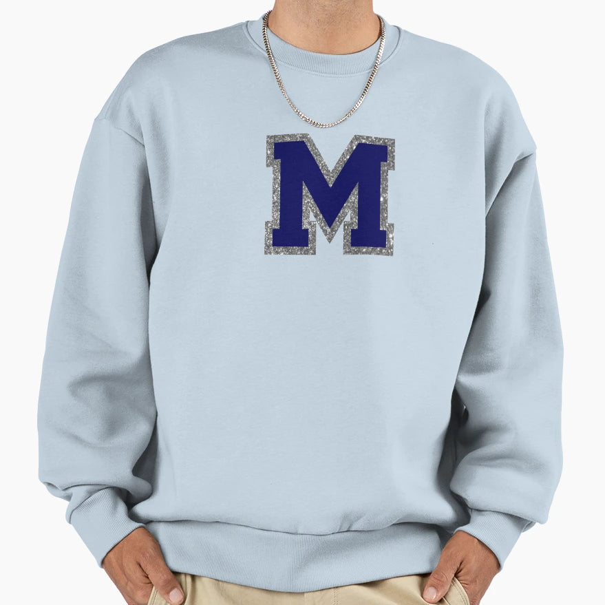 Silver And Navy Varsity Letter M Sweatshirt - Fun Novelty Design Unisex - T-Shirt, Sweatshirt, Hoodie