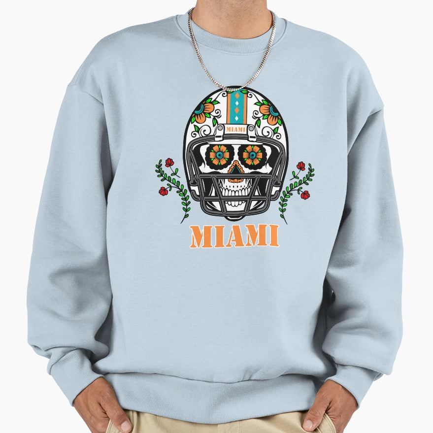 Miami Football Helmet Sugar Skull Sweatshirt - Custom Art Print for Adults - T-Shirt, Sweatshirt, Hoodie