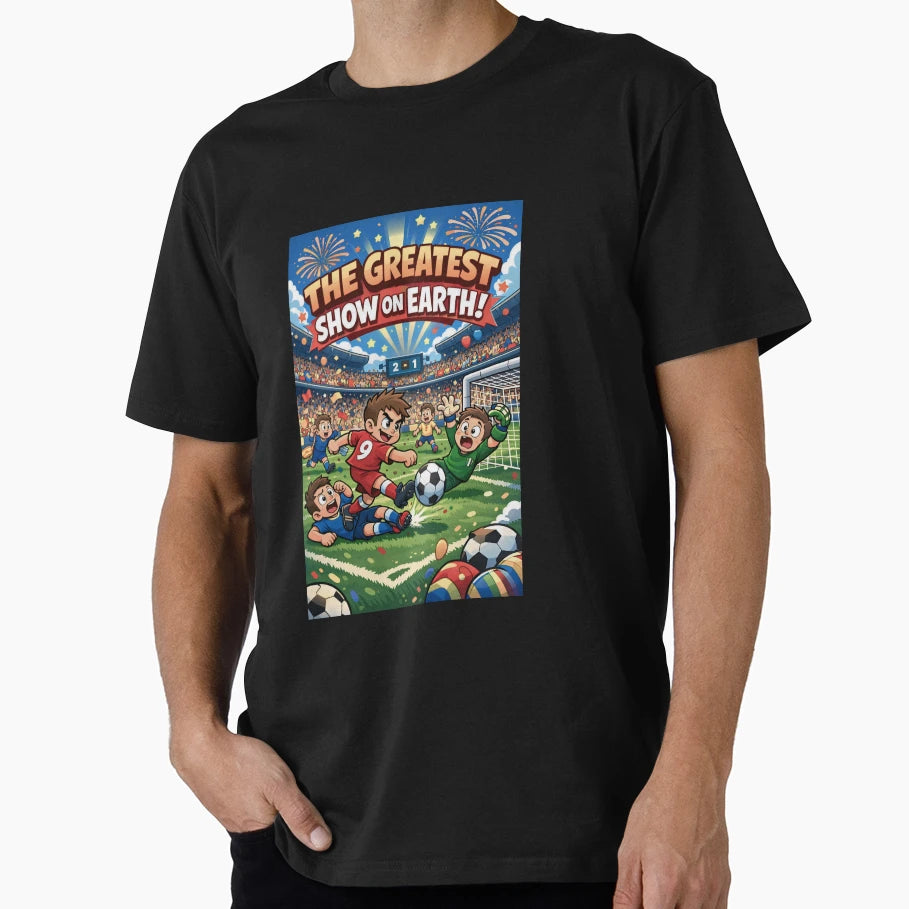 Greatest Show Earth Soccer Cartoon T-Shirt - Fun Novelty Design for Adults - T-Shirt, Sweatshirt, Hoodie