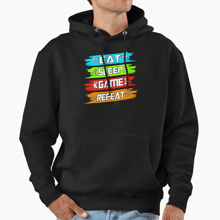 Eat Sleep Game Repeat Hoodie - Novelty Apparel Unisex - T-Shirt, Sweatshirt, Hoodie