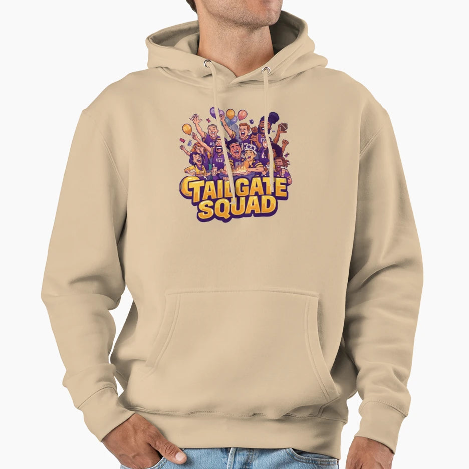 Copy Tailgate Squad Fun Purple Gold Hoodie - Novelty Apparel Men Women - T-Shirt, Sweatshirt, Hoodie