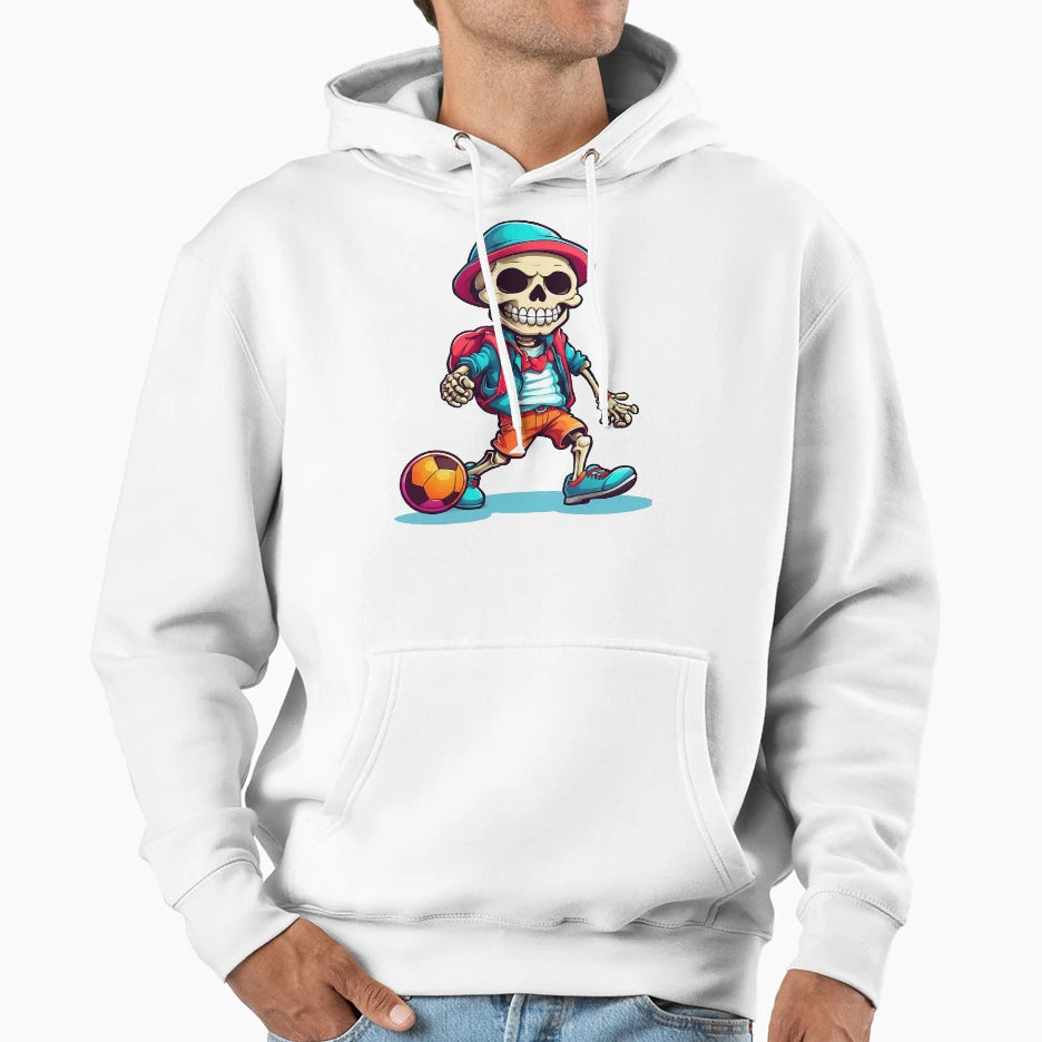 Cartoon Skull Playing Soccer Hoodie - Trendy Graphic for Adults - T-Shirt, Sweatshirt, Hoodie