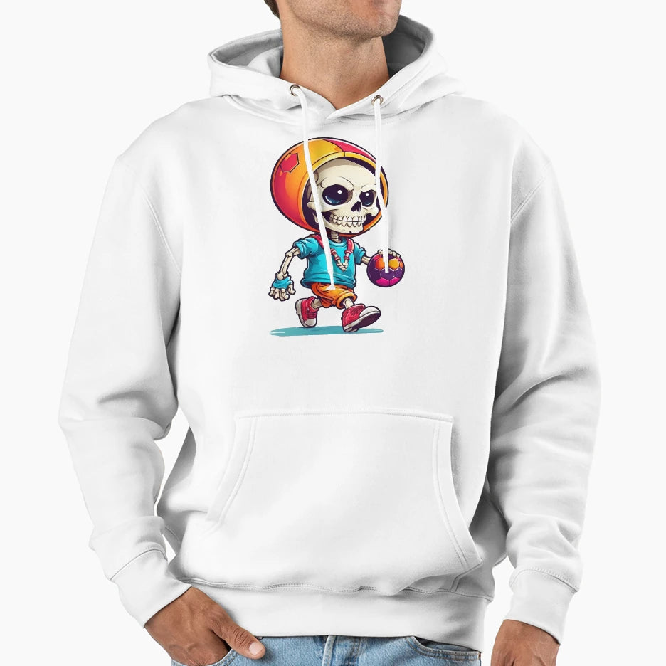 Cartoon Skull Playing Soccer Hoodie - Streetwear Style for Adults - T-Shirt, Sweatshirt, Hoodie