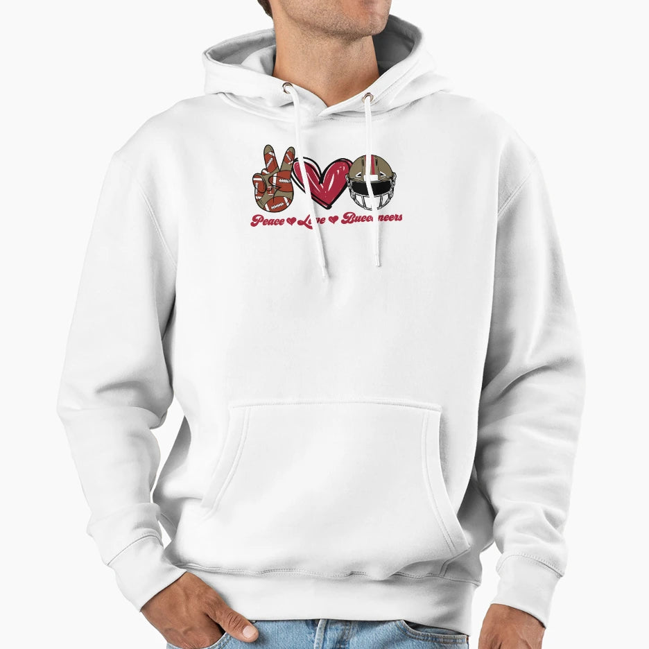 Peace Love Buccaneers Football Team Hoodie - Novelty Apparel for Adults - T-Shirt, Sweatshirt, Hoodie