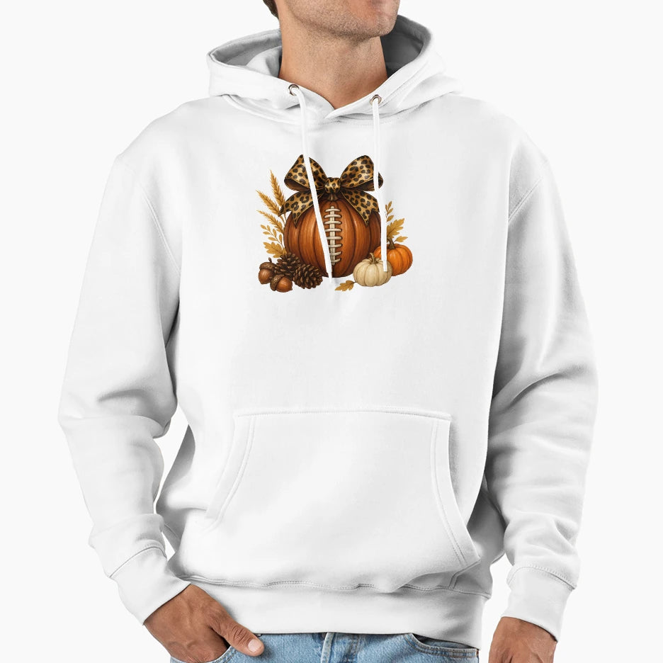Pumpkin Football Leopard Bow Fall Hoodie - Minimalist Print for Adults - T-Shirt, Sweatshirt, Hoodie
