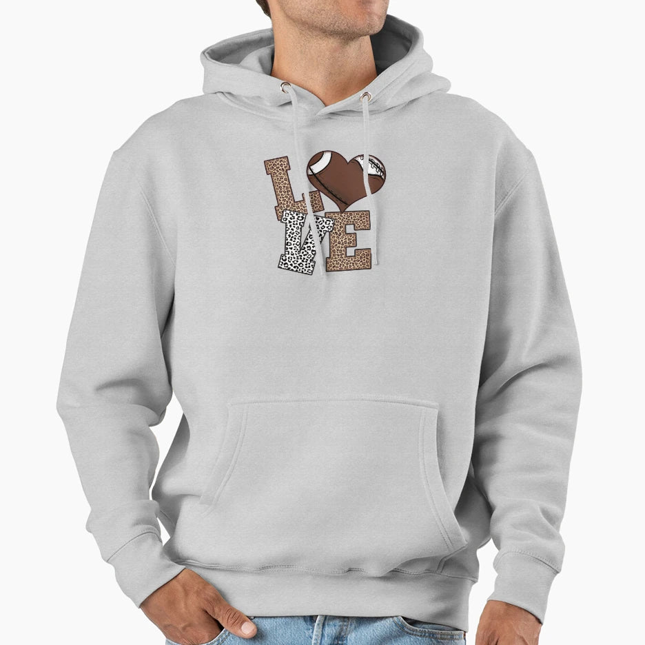 Love Football Heart Leopard Lettering Hoodie - Custom Art Print Men Women - T-Shirt, Sweatshirt, Hoodie
