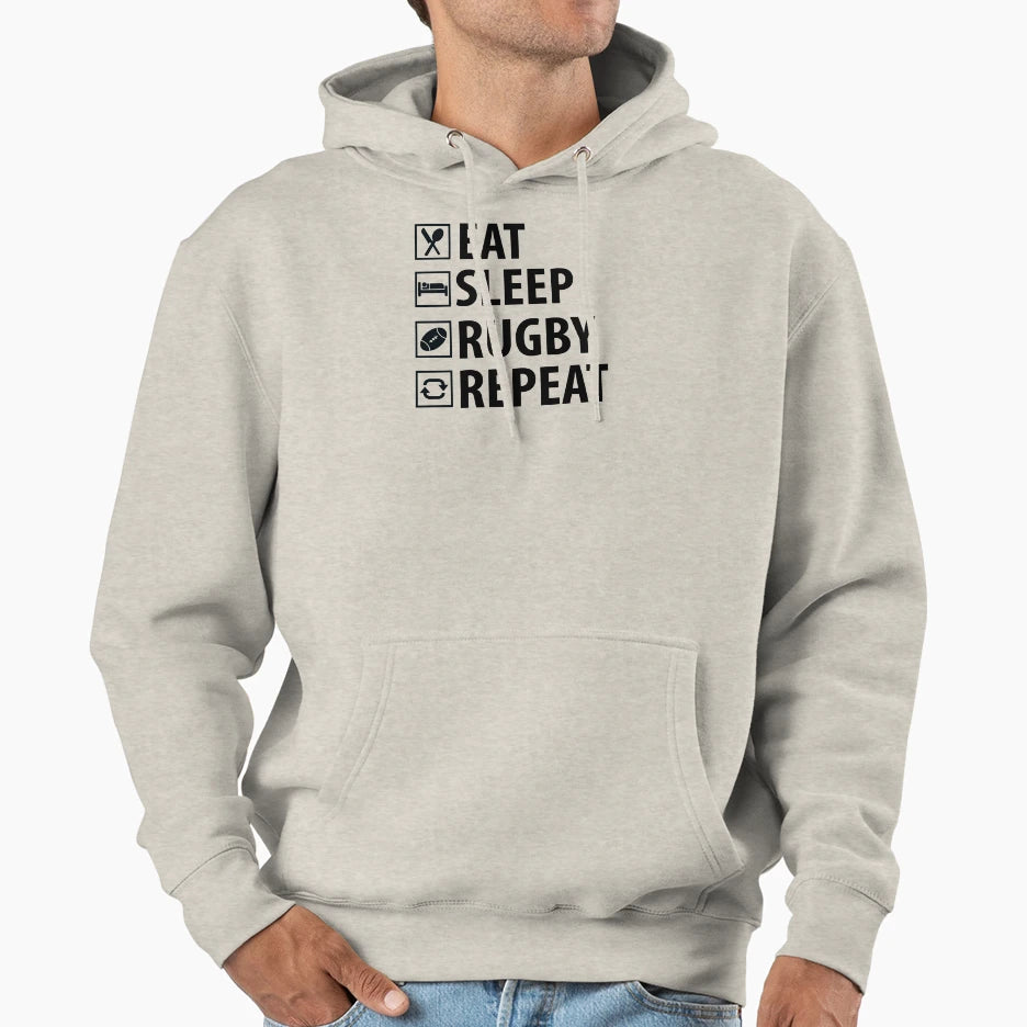 Eat Sleep Rugby Repeat Hoodie - Aesthetic Graphic for Adults - T-Shirt, Sweatshirt, Hoodie
