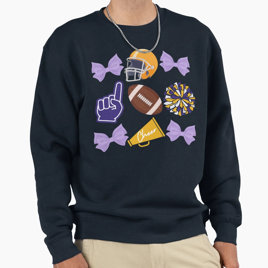 Coquette Bow Purple And Gold Football Sweatshirt - Streetwear Style Unisex - T-Shirt, Sweatshirt, Hoodie
