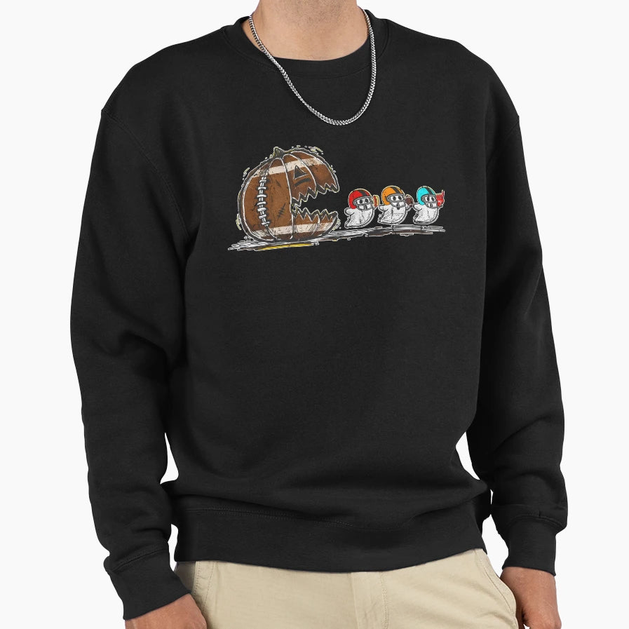 Halloween Pumpkin Football Chasing Ghost Sweatshirt - Graphic Print Unisex - T-Shirt, Sweatshirt, Hoodie