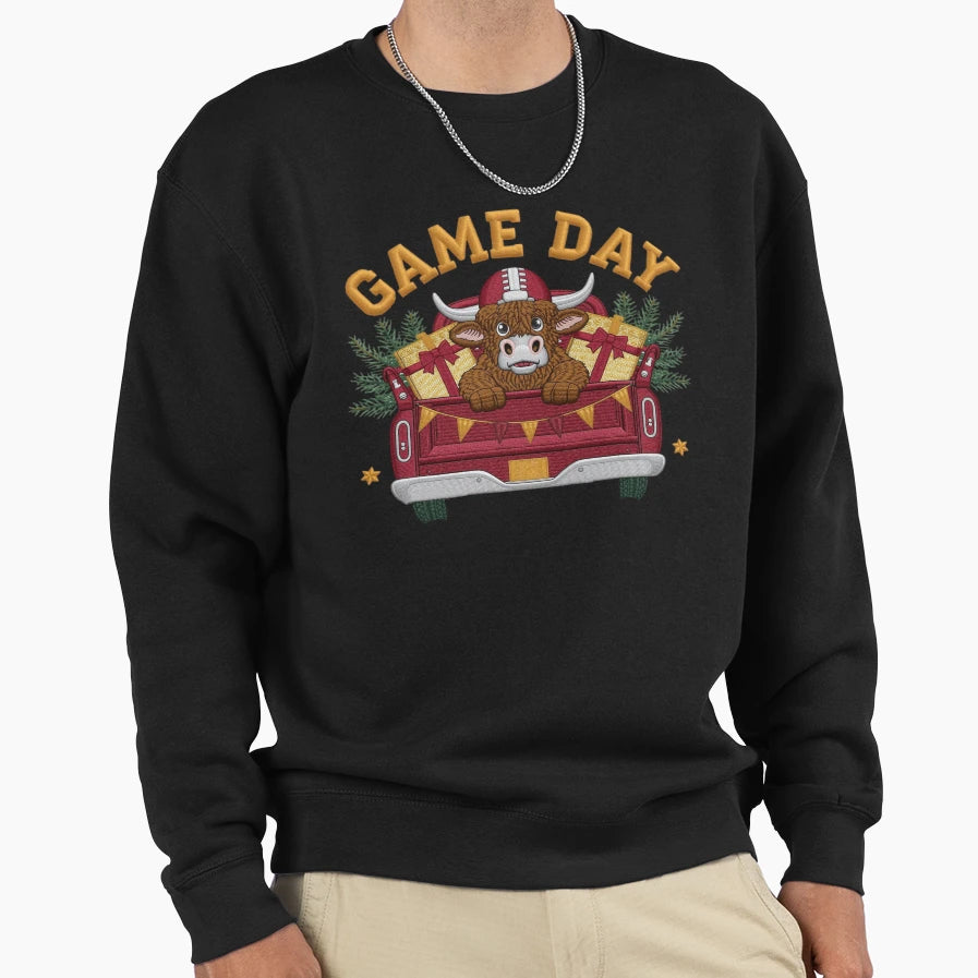 Game Day Highland Cow Faux Yarn Cozy Sweatshirt - Trendy Graphic Men Women - T-Shirt, Sweatshirt, Hoodie