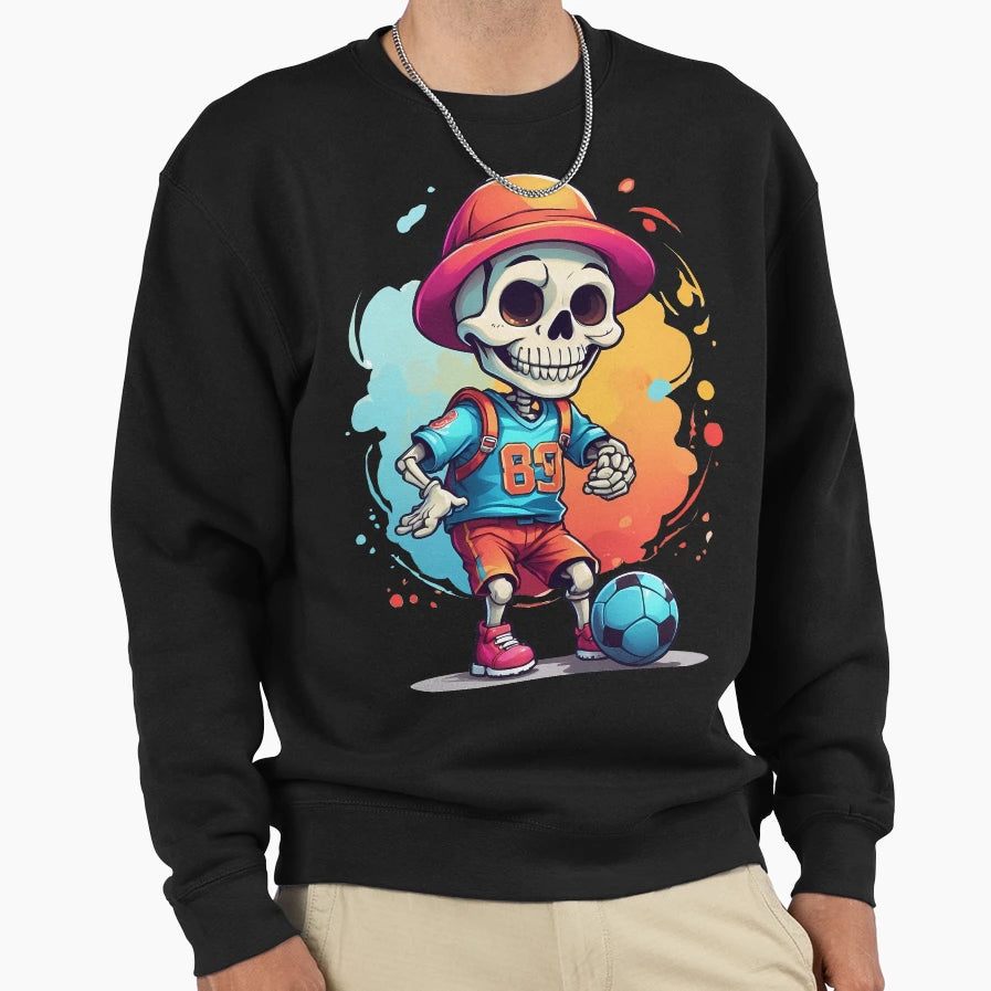 Cartoon Skull Playing Soccer Sweatshirt - Fun Novelty Design for Adults - T-Shirt, Sweatshirt, Hoodie