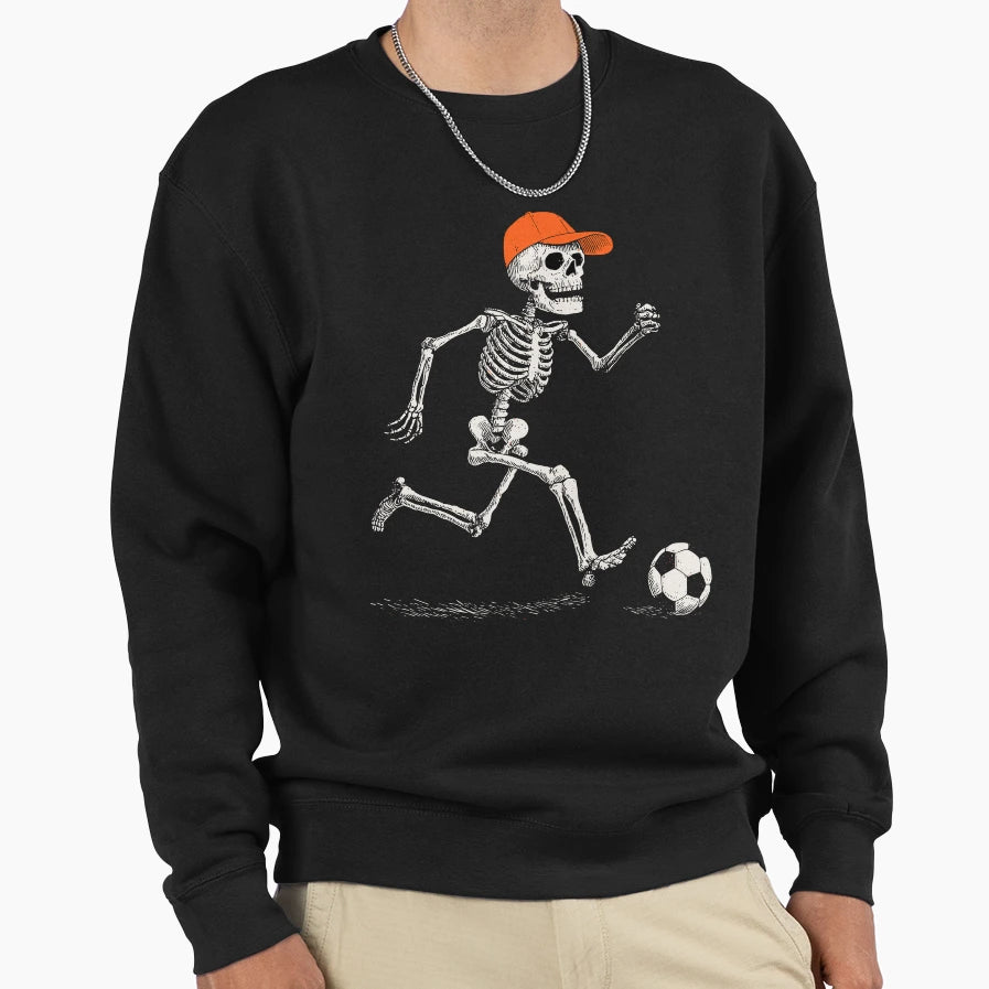 Skeleton Playing Soccer Halloween Sweatshirt - Graphic Print for Adults - T-Shirt, Sweatshirt, Hoodie