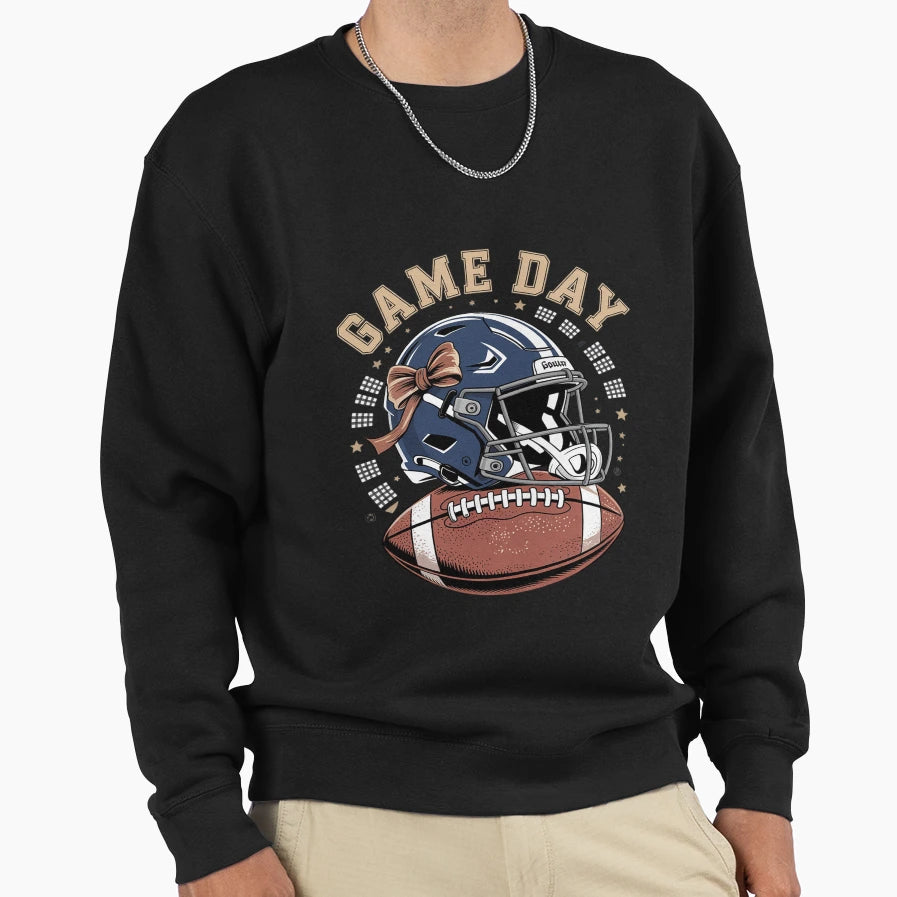 Football Mom Blue Coquette Bow Game Day Sweatshirt - Unique Graphic Unisex - T-Shirt, Sweatshirt, Hoodie