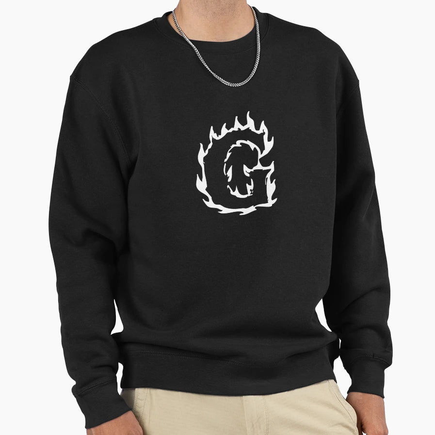 Flaming G Letter Monogram White Sweatshirt - Trendy Graphic for Adults - T-Shirt, Sweatshirt, Hoodie