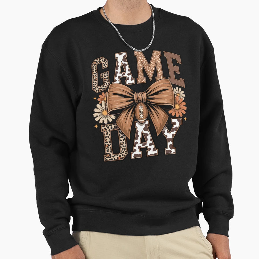 Game Day Leopard Football Bow T-Shirt - Graphic Print for Adults - T-Shirt, Sweatshirt, Hoodie