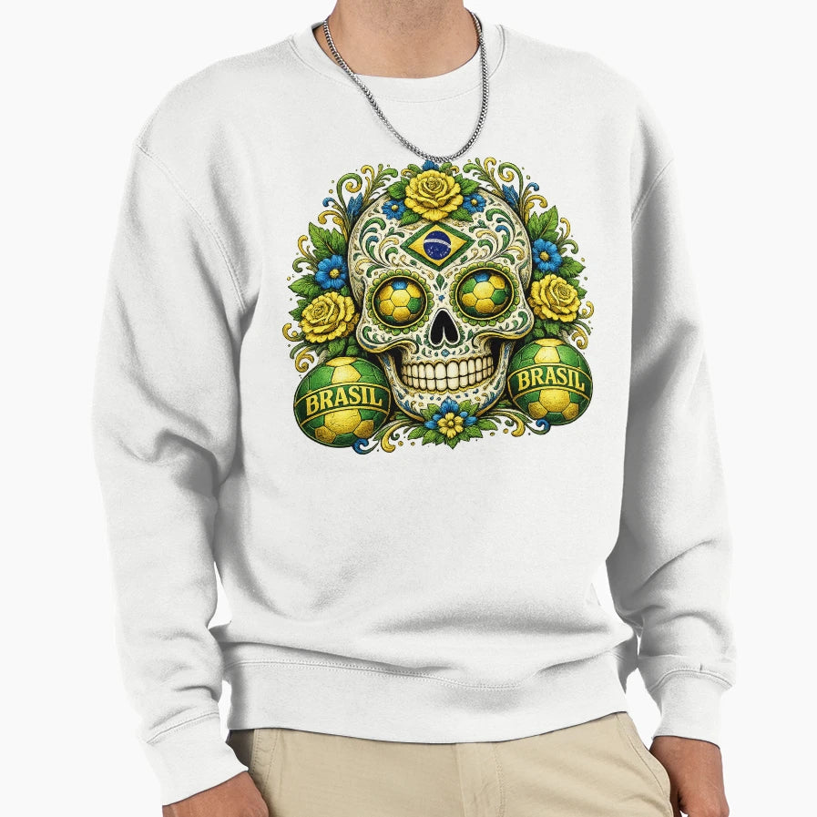 Brazil Soccer Skull Sweatshirt - Unique Graphic Unisex - T-Shirt, Sweatshirt, Hoodie
