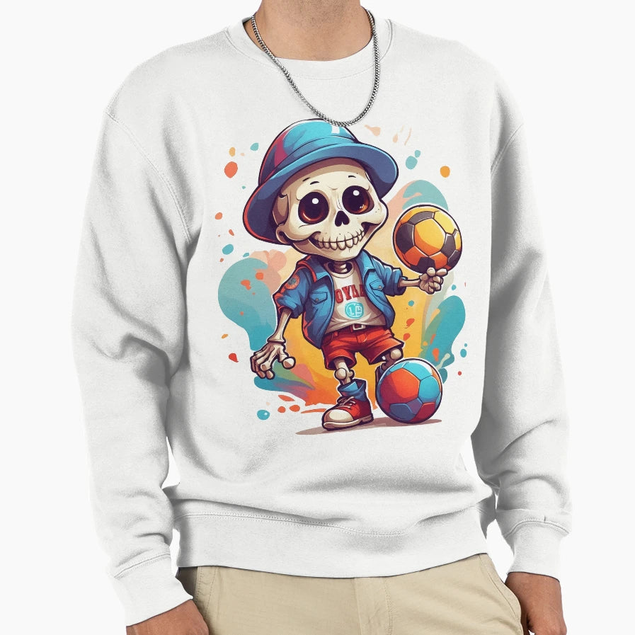 Cartoon Skull Playing Soccer Sweatshirt - Aesthetic Graphic Men Women - T-Shirt, Sweatshirt, Hoodie