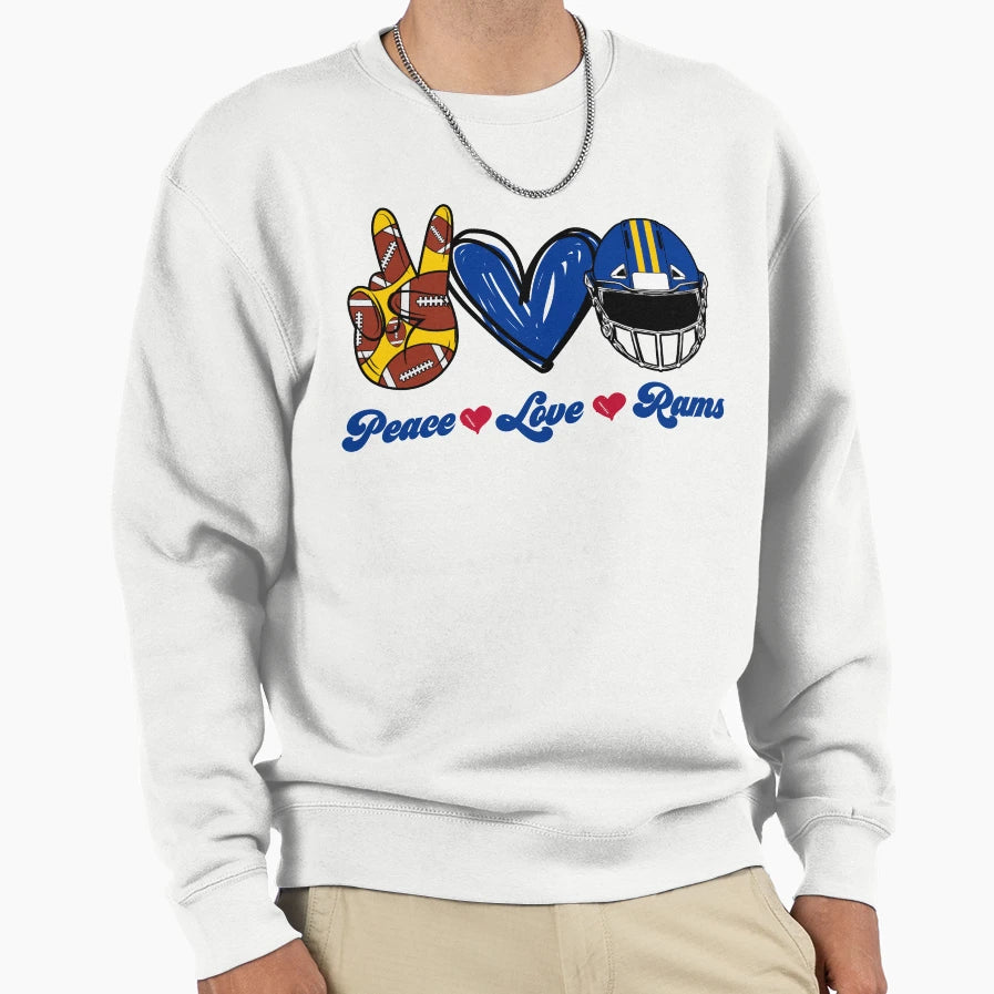 Peace Love Rams Football Team Sweatshirt - Graphic Print Unisex - T-Shirt, Sweatshirt, Hoodie
