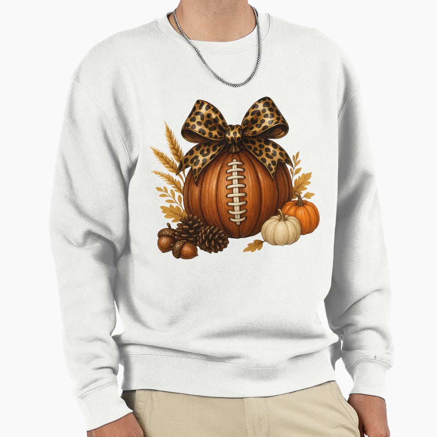 Pumpkin Football Leopard Bow Fall Sweatshirt - Trendy Graphic Unisex - T-Shirt, Sweatshirt, Hoodie