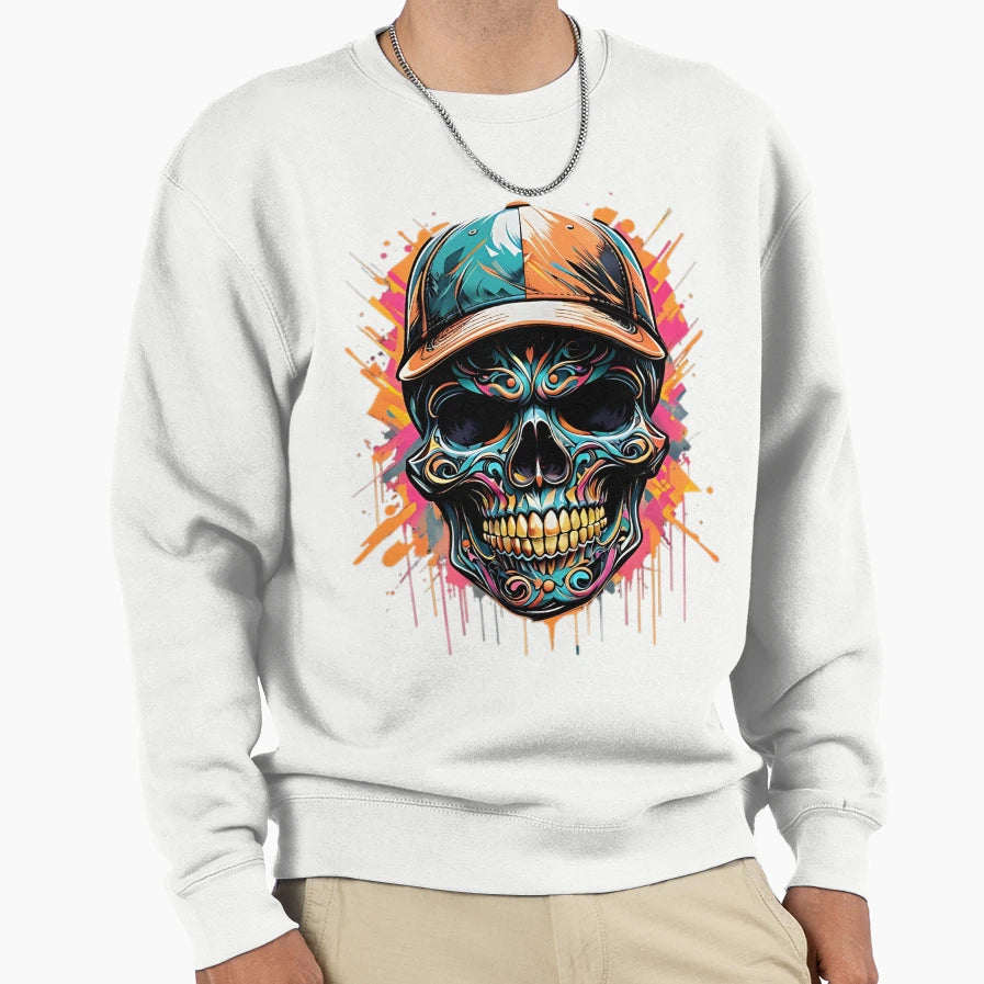Colorful Skull Cap Street Art Sweatshirt - Aesthetic Graphic for Adults - T-Shirt, Sweatshirt, Hoodie