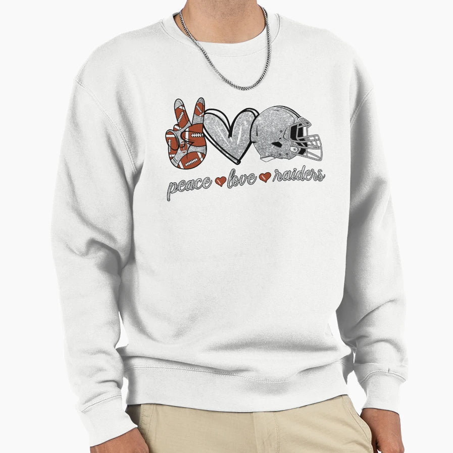 Peace Love Raiders Football Team Sweatshirt - Unique Graphic Men Women - T-Shirt, Sweatshirt, Hoodie