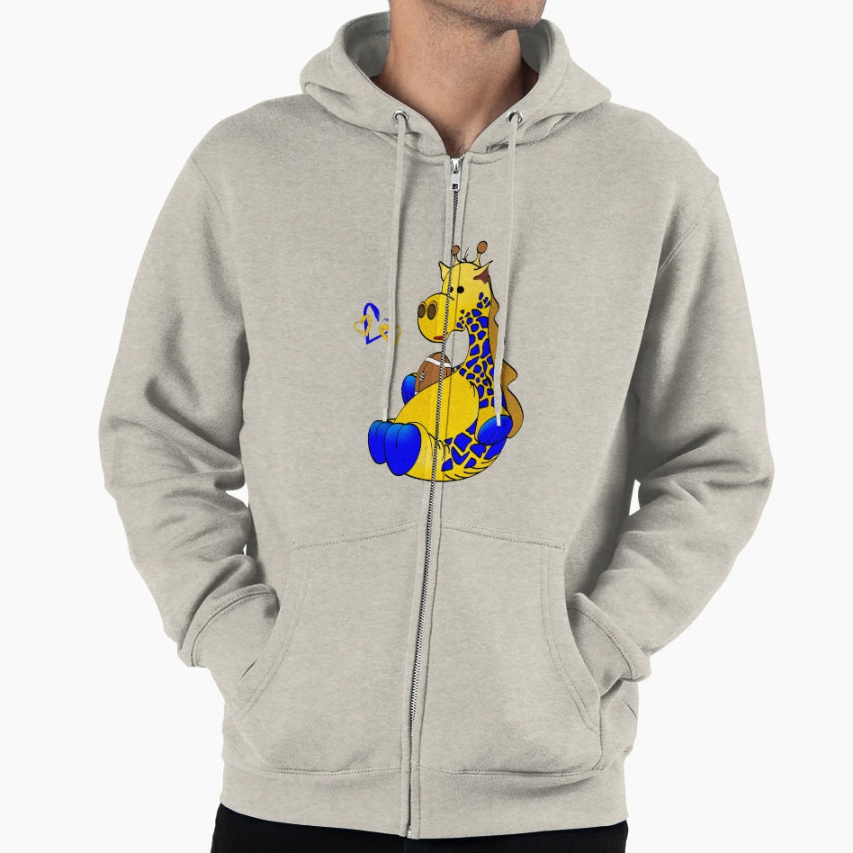 Blue Gold Football Giraffe Cartoon Hoodie - Minimalist Print for Adults - T-Shirt, Sweatshirt, Hoodie