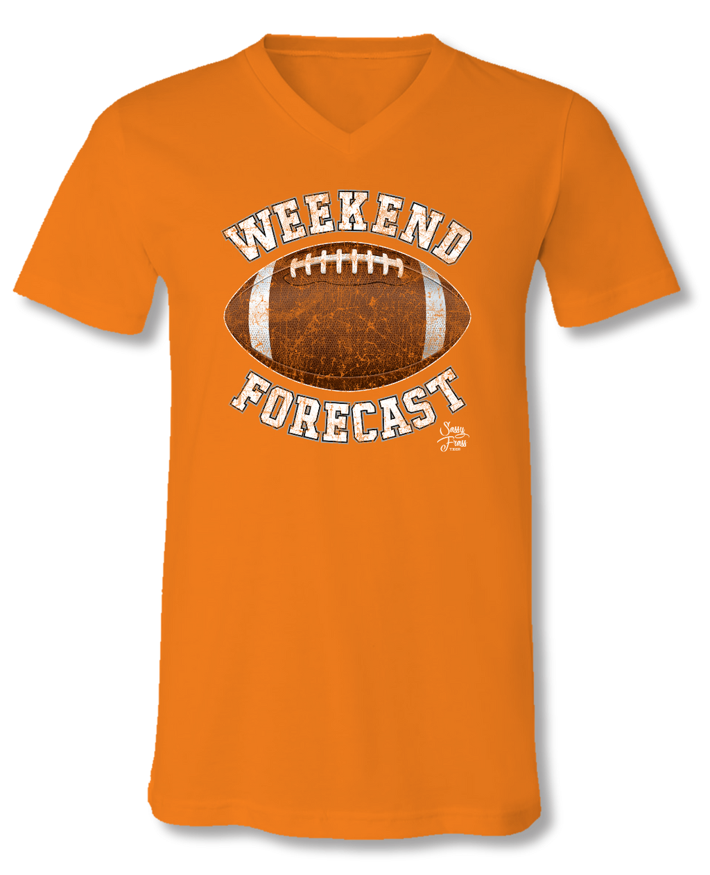 Sassy Frass Weekend Forecast Football Orange V-Neck - Adult & Kids T-Shirts, Sweatshirts & Hoodies apparel design preview 2